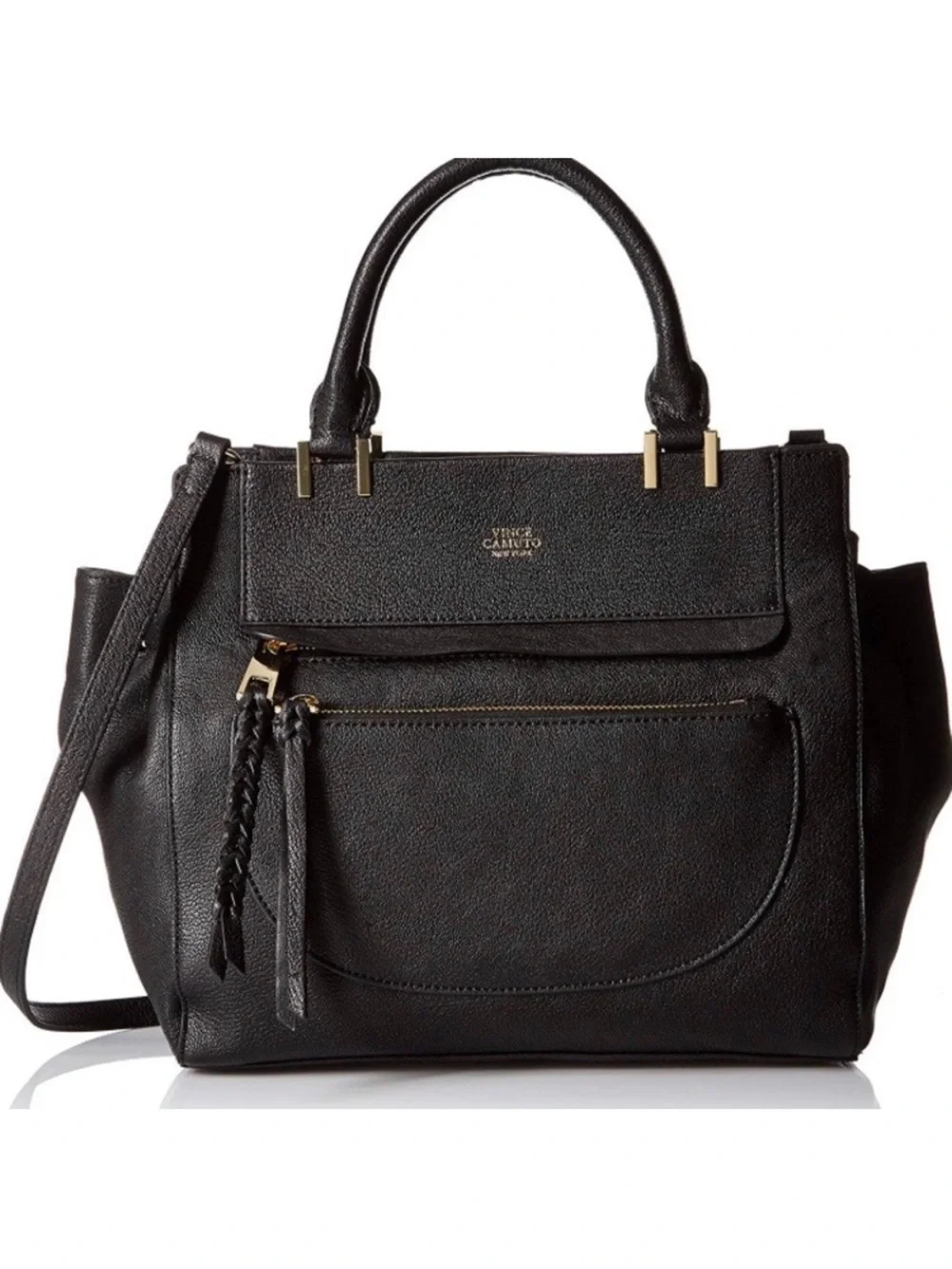 Vince Camuto Ayla Satchel Black Pebbled Leather with Braided Tassel